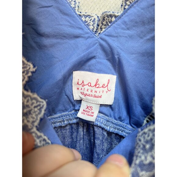 Isabel Maternity Womens Embroidered Chambray V-Neck Blouse Sleeveless Sz XS Blue - Picture 3 of 11